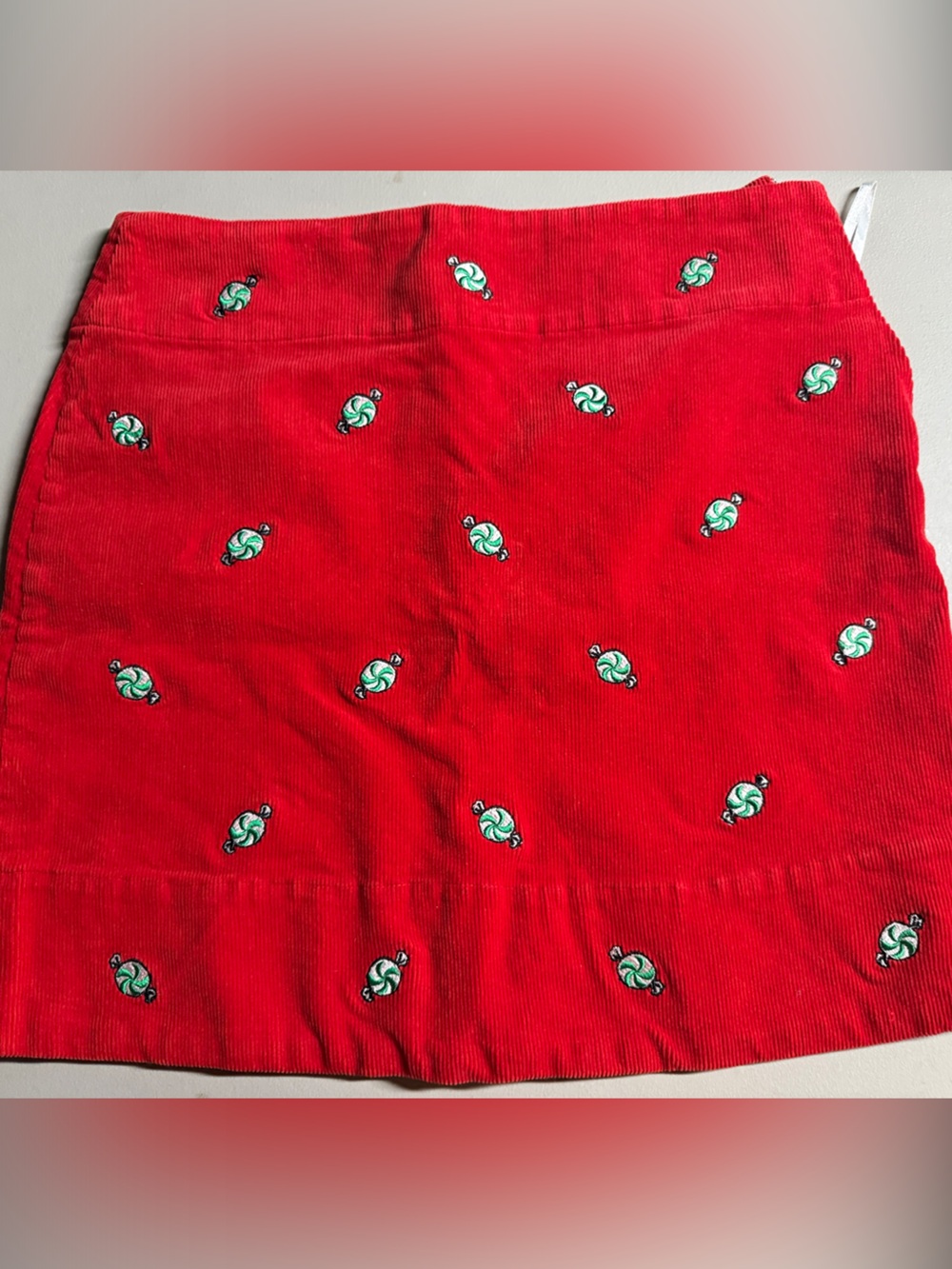 Castaway Red Corduroy Mini Skirt with Green Candy Embroidery